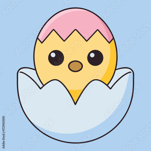 Cute baby chick hatching from an egg with joyful expression