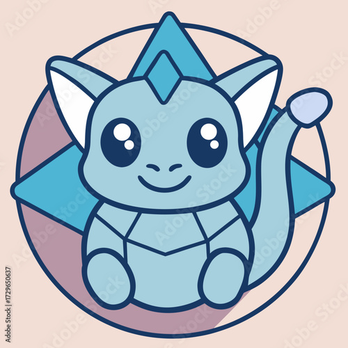 A cute kawaii blue dragon vector icon smiling cheerfully