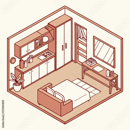 Cozy isometric studio apartment illustration featuring a bed sofa compact kitchen desk and wardrobe perfect for lifestyle and interior design concepts