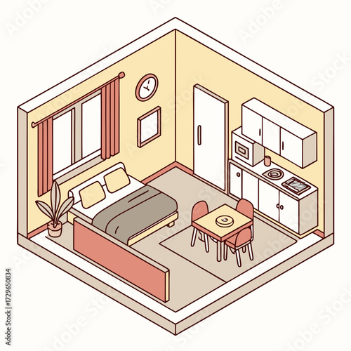 Isometric illustration of a compact studio apartment featuring a bed small kitchen area with a microwave and stove and a dining table with chairs perfect for modern living