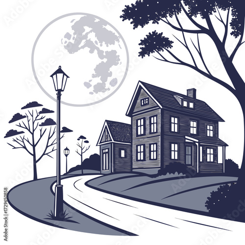 A charming vintage style illustration of a two story house and a smaller adjacent building illuminated by a large full moon and a street lamp on a winding road