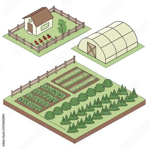 Isometric illustration of a small farm with a house greenhouse and cultivated garden beds showcasing sustainable agriculture and rural living