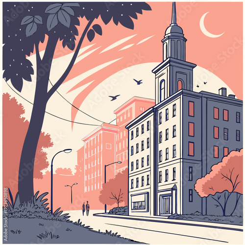 Stylized illustration of a city street scene with historic buildings a large tree and a crescent moon in a warm pastel colored sky