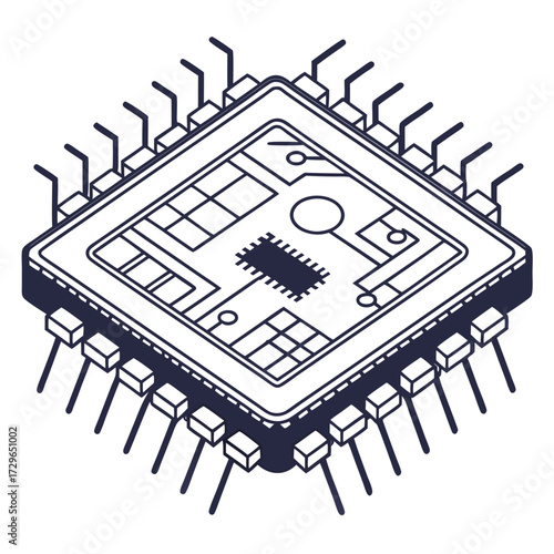 Isometric illustration of a computer microchip with visible internal circuitry and external pins representing technology and electronics