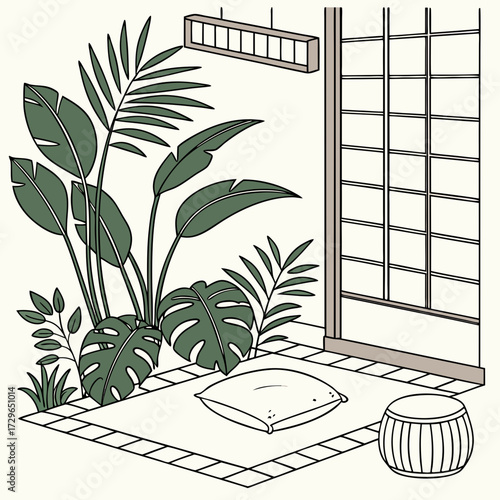 A serene corner with lush green tropical plants a comfortable floor cushion and a traditional japanese shoji screen door creating a peaceful indoor sanctuary