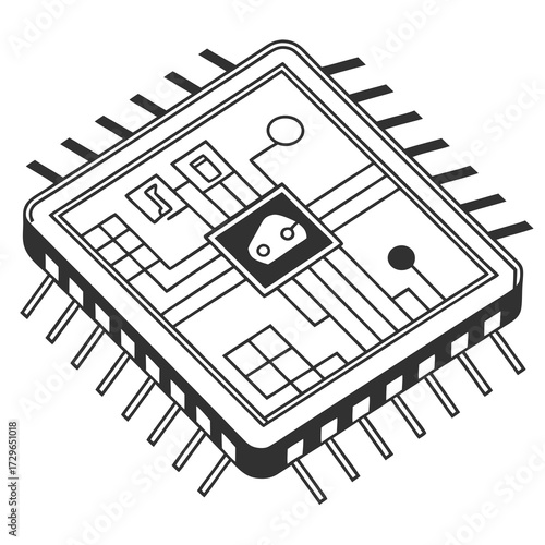 A stylized black and white illustration of a microchip with multiple pins showcasing intricate internal circuitry and components in a clean modern design