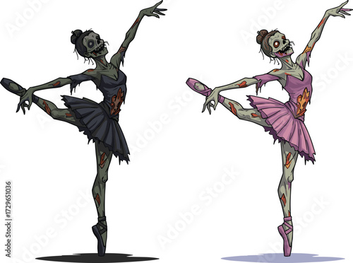 Zombie ballerina cartoon illustration, undead ballet dancer artwork, creepy ballet performance vector, scary ballerina zombie character, spooky Halloween dance horror design