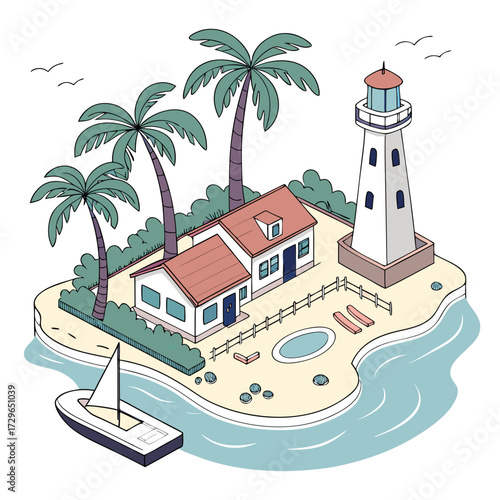 Charming isometric illustration of a tropical island paradise featuring a lighthouse a cozy house palm trees a sailboat and a small swimming pool