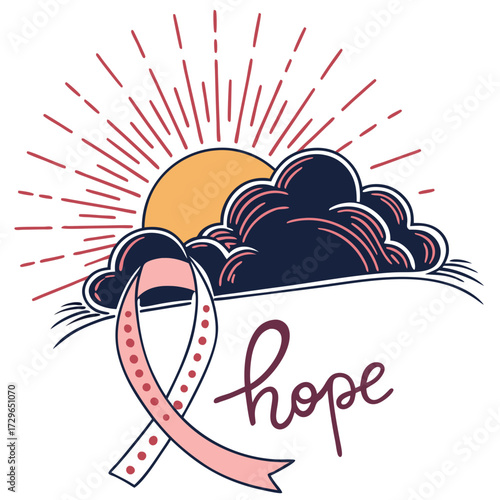A pink ribbon symbol of hope and support rises above dark clouds towards a bright sun representing overcoming challenges and finding light