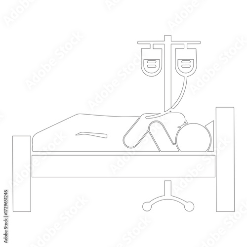 sick person in hospital bed with health medicine infusion stand