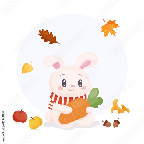 Vector illustration of a cute autumn hare in a red scarf holding a big carrot surrounded by apples, chanterelles, acorns and falling leaves. Perfect for kids designs, cards, posters, invitations