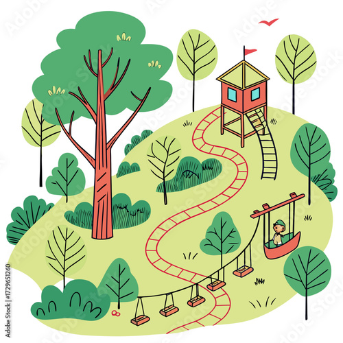 A charming cartoon illustration of a vibrant park with a winding red path leading to a treehouse and a zipline adventure for children