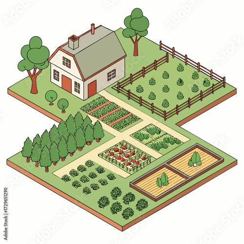 Isometric view of a charming cartoon farm with a house garden beds trees and fields showcasing a peaceful rural landscape