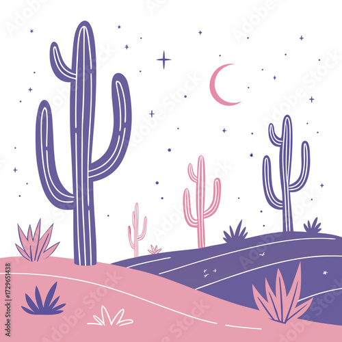 Whimsical desert landscape at night featuring stylized saguaro cacti in purple and pink hues under a crescent moon and starry sky with rolling hills and sparse vegetation