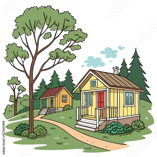 Charming cartoon illustration of two cozy wooden cabins nestled in a lush green forest with a winding path leading to the homes and smoke rising from a chimney