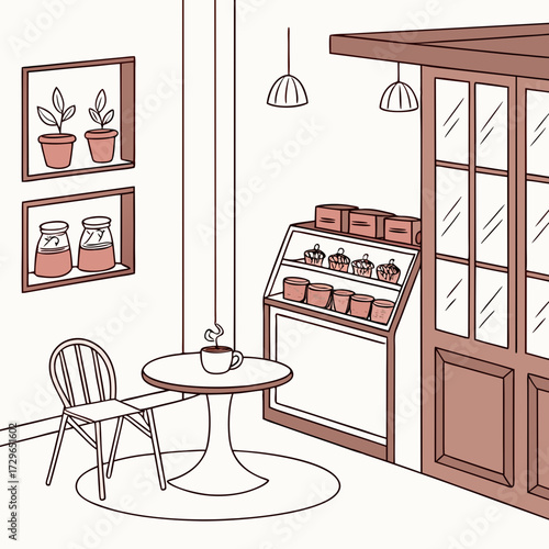Cozy cafe interior with a single table and chair display case filled with pastries and baked goods and decorative plants on the wall