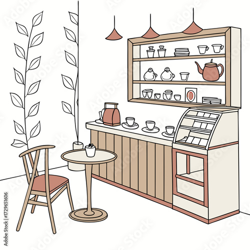 Cozy cafe interior with a wooden counter displaying teacups and teapots a display case a small table with a chair and decorative plants