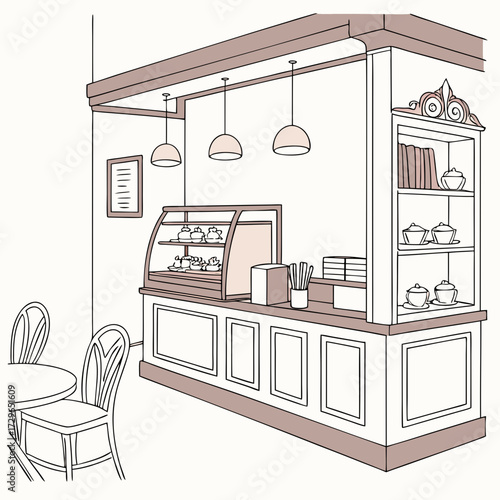 A charming illustration of a cafe counter with a display case filled with pastries a menu board and seating area perfect for depicting a cozy coffee shop or bakery