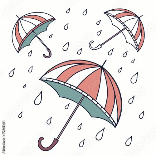 Three charming hand drawn umbrellas in pastel coral and teal colors are depicted against a white background with falling raindrops symbolizing protection from the weather