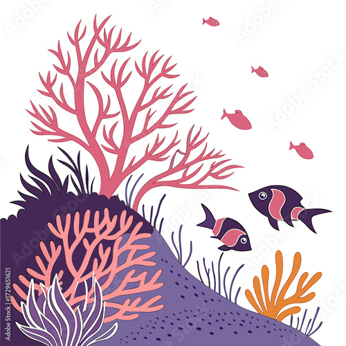 Whimsical underwater scene with colorful coral reefs playful fish swimming in a vibrant ocean environment and aquatic plant life