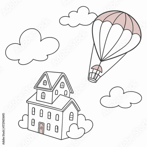 Whimsical illustration of a charming two story house with a hot air balloon floating above fluffy clouds evoking a sense of adventure and dreamlike fantasy