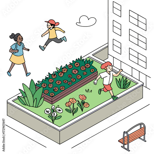 Children playing and running in a vibrant urban garden with flowers and plants next to a tall building and a park bench