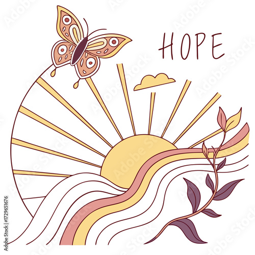 A stylized illustration of a sun rising over waves with a butterfly and a plant branch conveying a message of hope and new beginnings