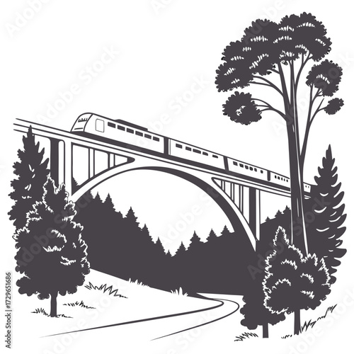 A sleek modern train travels across a grand arched bridge surrounded by lush evergreen trees and a winding pathway below creating a picturesque natural landscape scene
