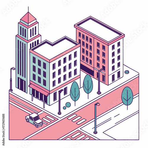 Isometric illustration of a city street with buildings trees a car and streetlights rendered in a minimalist flat design with a pastel color palette