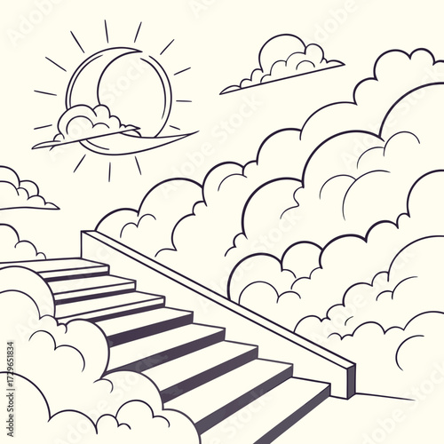 A whimsical line art illustration of a staircase ascending into a sky filled with stylized clouds and a crescent moon with sun rays