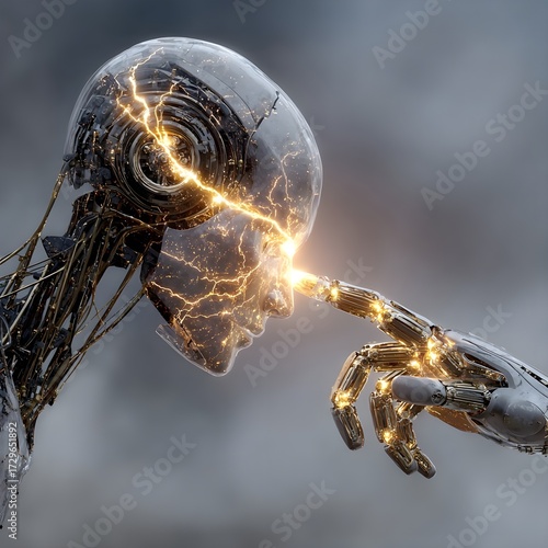 Digital Connection Futuristic Illustration of Human Hand and Robot Hand Touching | Technology and Humanity Concept