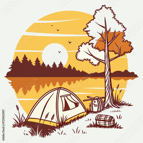 Serene lakeside camping scene with a tent backpack and picnic basket at sunset with a forest and lake reflection