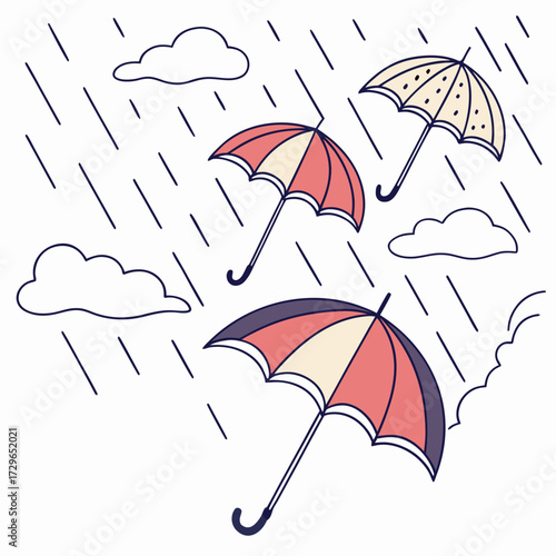 Three colorful cartoon umbrellas with rain and clouds in a simple line art style on a white background perfect for weather or seasonal themes