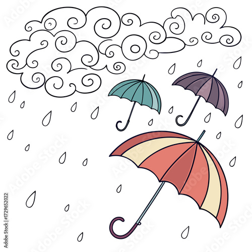 Whimsical hand drawn illustration of three colorful umbrellas under a stylized swirling cloud and falling raindrops on a white background perfect for weather or seasonal themes