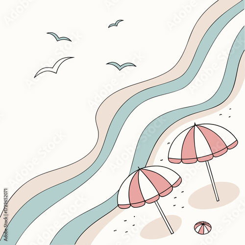 Whimsical beach scene with pastel colored waves two pink and white striped umbrellas a small beach ball and flying seagulls against a light background