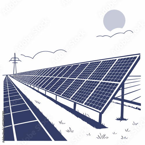 Vast solar panel array stretching into the distance under a stylized sun and clouds with a power line tower in the background representing renewable energy and sustainable power generation