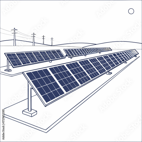 A stylized line drawing depicts a vast solar panel farm stretching into the distance under a bright minimalist sun with power lines visible on rolling hills