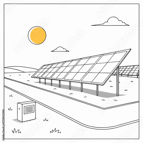 A simple line drawing illustration of a solar panel array in a field under a bright sun with clouds in the sky and a small electrical box nearby