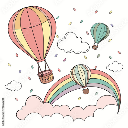 Whimsical hot air balloons float through a pastel sky adorned with clouds a vibrant rainbow and scattered confetti evoking a sense of childlike wonder and adventure
