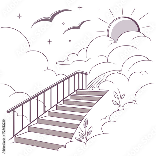 A whimsical illustration of a staircase ascending into a cloudy sky with a radiant sun and soaring birds symbolizing hope and aspiration