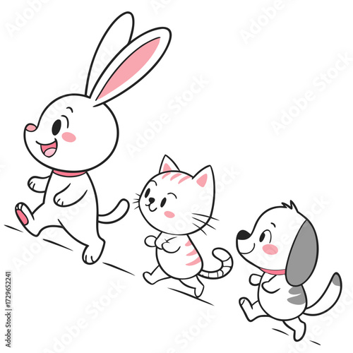 Cute cartoon white bunny cat and dog walking together happily in a line isolated on a white background representing friendship and companionship