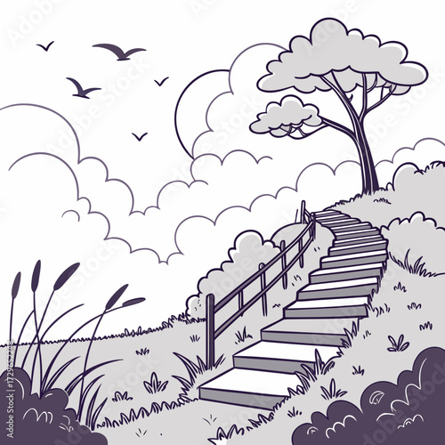 A winding stone staircase ascends a grassy hill towards a solitary tree under a cloudy sky with birds flying overhead