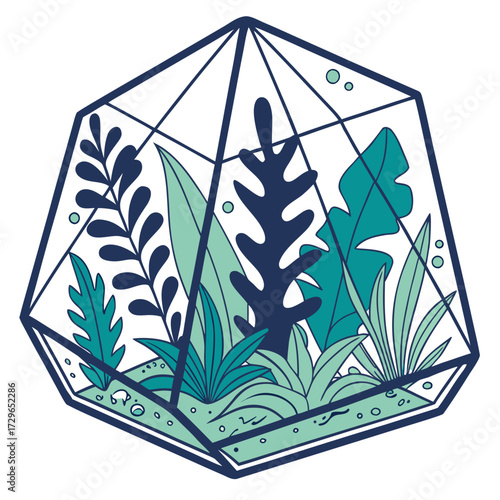 Geometric terrarium filled with lush green tropical plants and leaves a modern illustration of a miniature ecosystem in a glass container isolated on white background