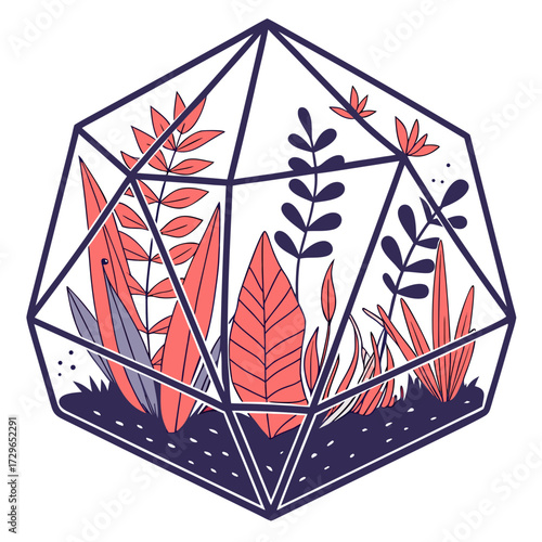 A geometric terrarium filled with stylized coral and navy blue leaves and plants creating a modern botanical illustration