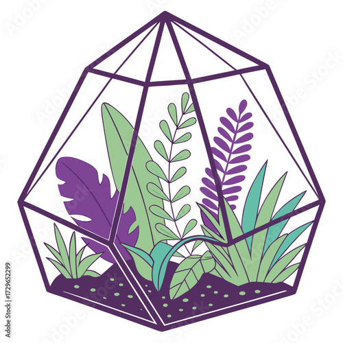 Geometric terrarium filled with lush green and purple tropical plants showcasing a miniature indoor garden in a modern glass container with a white background