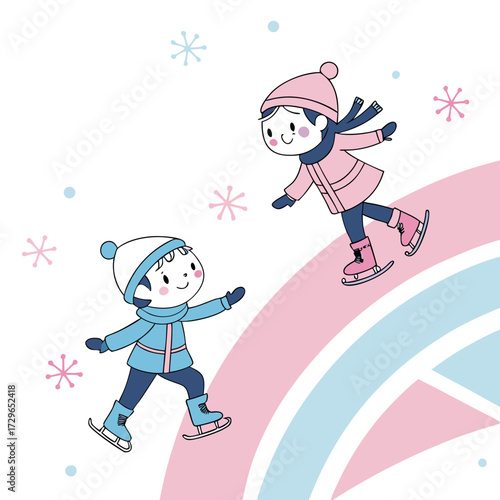 Two happy cartoon children ice skating together on a pastel rainbow in a winter wonderland with snowflakes falling around them