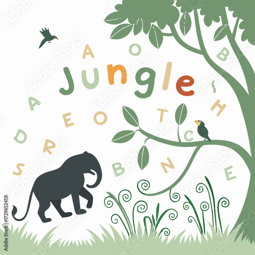 A whimsical jungle scene featuring a playful elephant a toucan perched on a branch and scattered alphabet letters perfect for children s educational content and decor