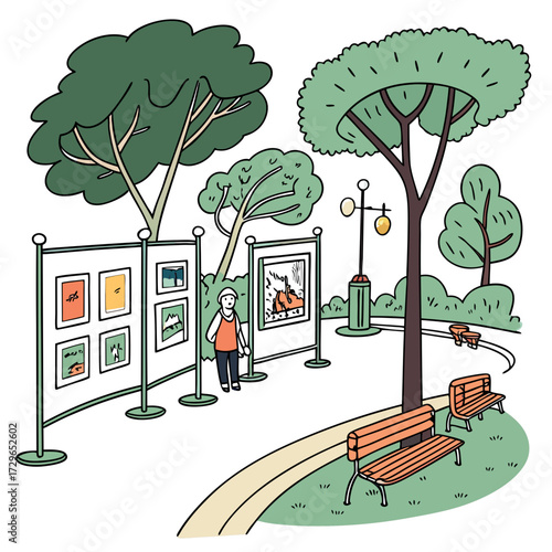 A charming hand drawn illustration depicts an outdoor art exhibition in a park with a lone visitor admiring paintings displayed on easels amidst lush trees and park benches