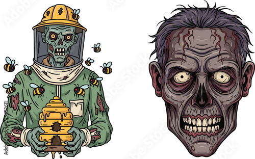 Zombie beekeeper holding honey hive, creepy undead apiarist illustration, horror zombie face, scary monster head, spooky beekeeper artwork, grotesque Halloween design vector
