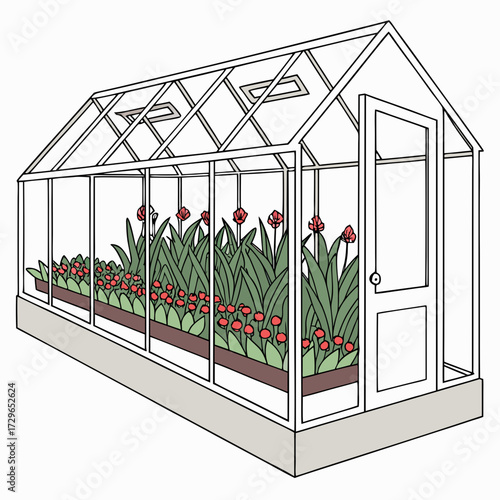A charming illustration of a greenhouse filled with blooming red flowers and lush green plants featuring an open door and ventilation windows perfect for gardening and nature themes